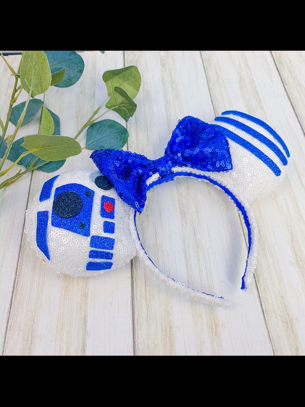 Sequin Blue & White Droid Ear Headband with Blue Bow
